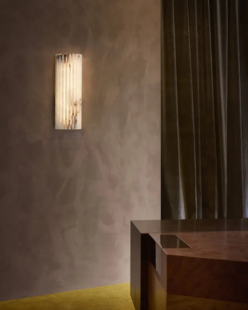 LightsStory Series Geometric Wall Sconce | Flush-mount Hand-carved Spanish Alabaster and Aged Brass, Aged Brass finish for hallways, bedrooms, and accent walls Brass Aged Wall Sconces