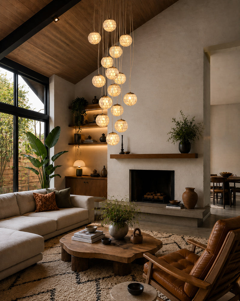 Alabaster Cascading Shell Globe Multi Ball Pendant Light - Natural Spanish Alabaster Spheres, Lux Gold Trim - Kitchens, Dining & Living Rooms