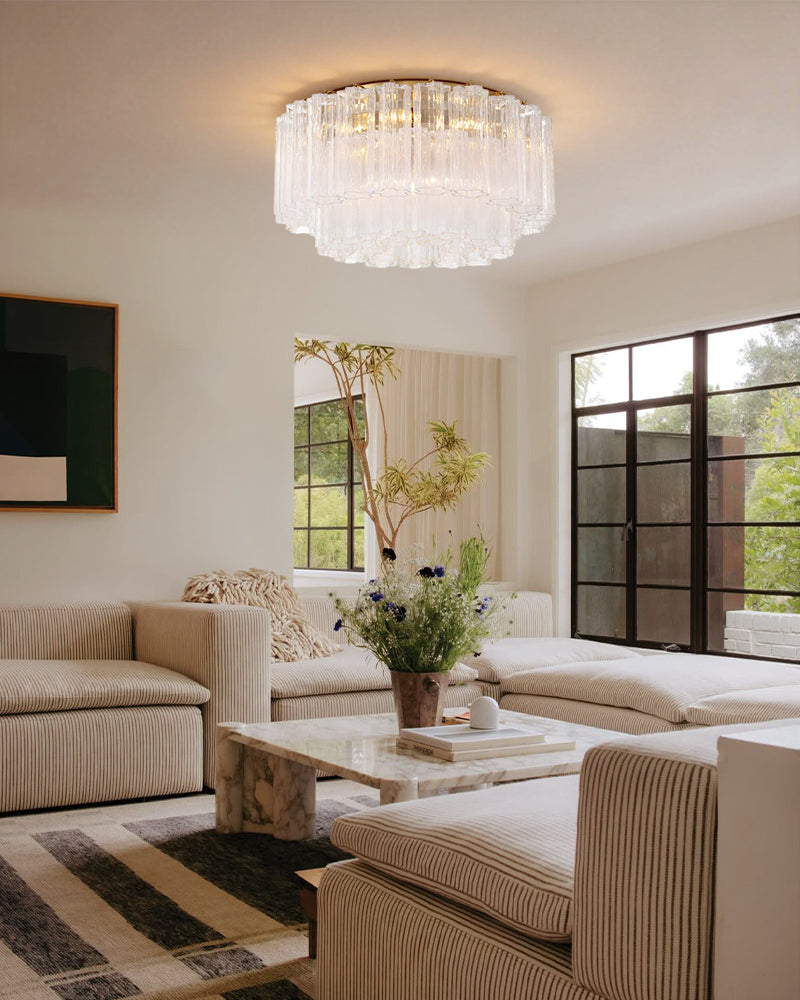 LightsStory Series Prismatic Semi-Flush Ceiling Mount | Star-Shaped Hand-blown authentic Murano glass tubes, Aged Brass and Black frame with gold accents for Living Rooms and Entryways Flush Mounted Ceiling Lamp