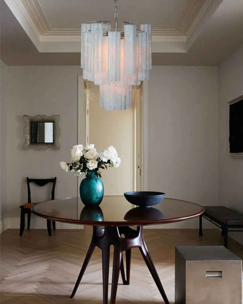 Cortina Series Cascading Chandelier | Multi-Tier Murano Glass Handcrafted Fluted Pink Murano Glass Tubes, Satin Brass for Grand Entrances and Dining Rooms American chandelier
