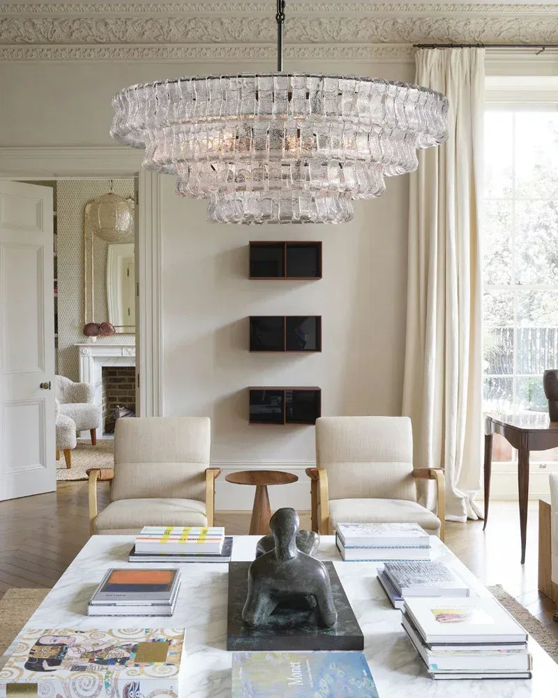 LightsStory Series Ethereal Chandelier | Tiered Round Textured Curved Glass and Aluminum Chain, Plated-Brass or Black Accents for Dining Rooms and Living Areas American chandelier