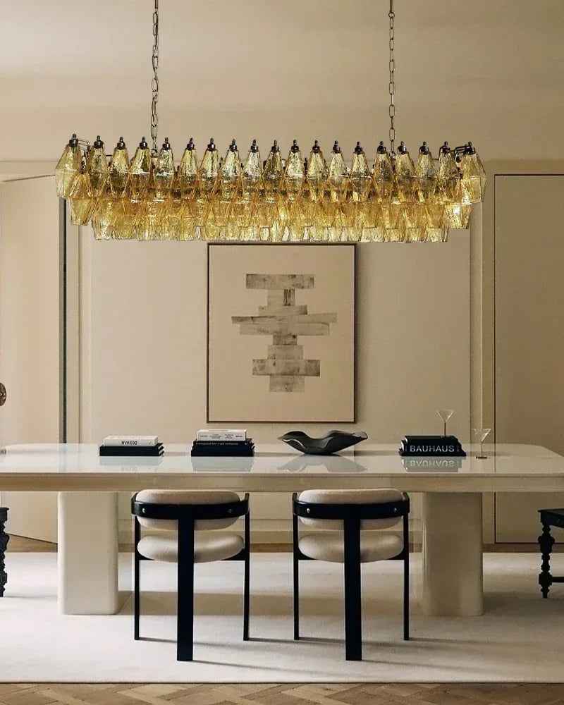 Cortina Series Ethereal Chandelier | Poliedri Smoke Glass Hand-blown Smoke Murano Glass and Brass Aluminum Chain, Plated-Brass finish for Dining Rooms and Entryways American chandelier