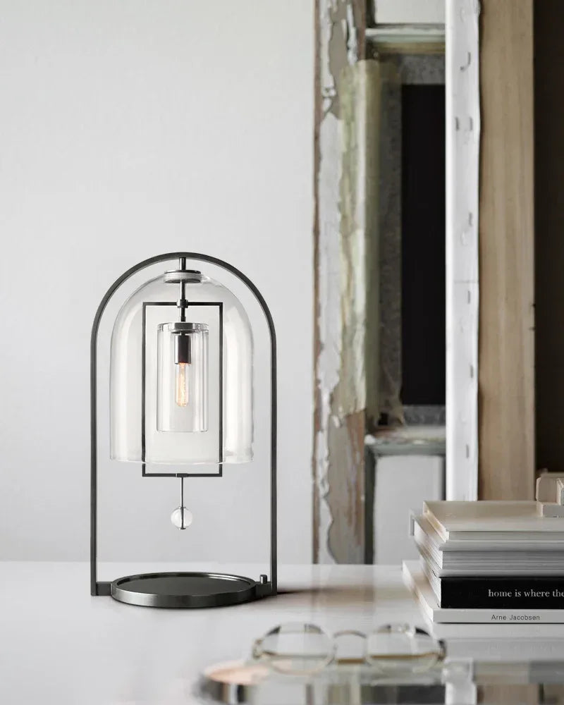 Brass Iron Frame Blown Glass Dome Shade Fulcrum Round Table Lamp 18" Vintage Simple Table Lamp