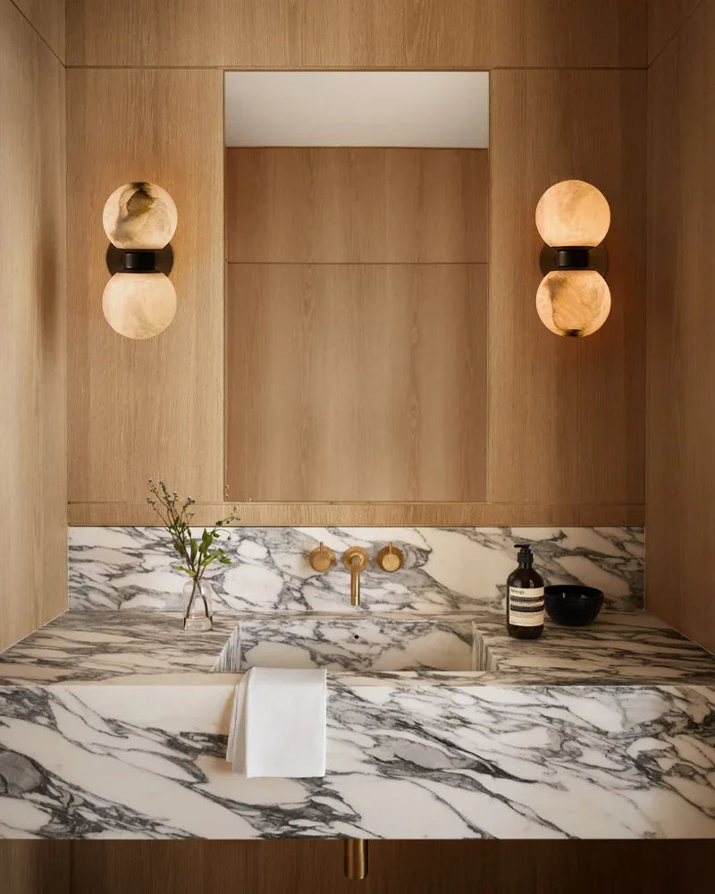 Modern LED Dual Alabaster Globe Wall Light Fixtures Wide 3" 5" | Brass/Black Metal Modern Art Design Wall Lamp