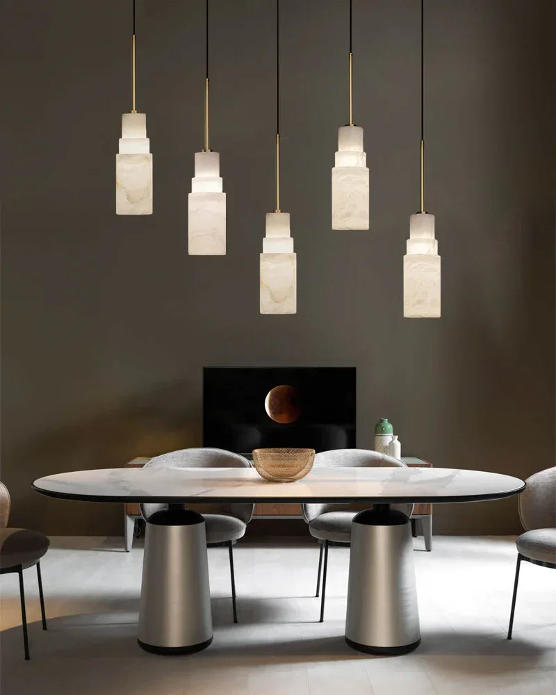 Antique aged Copper Long Hanging Cord Alabaster Pendant Lights over dining table Vintage Simple Hanging Lamp