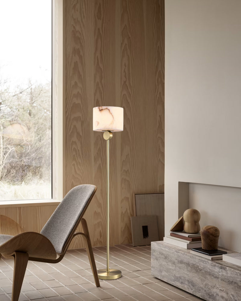 Alabaster Cube Headed Antique Stem Floor Lamp - Natural Spanish Alabaster, Serene Black Base - Bedroom & Living Rooms