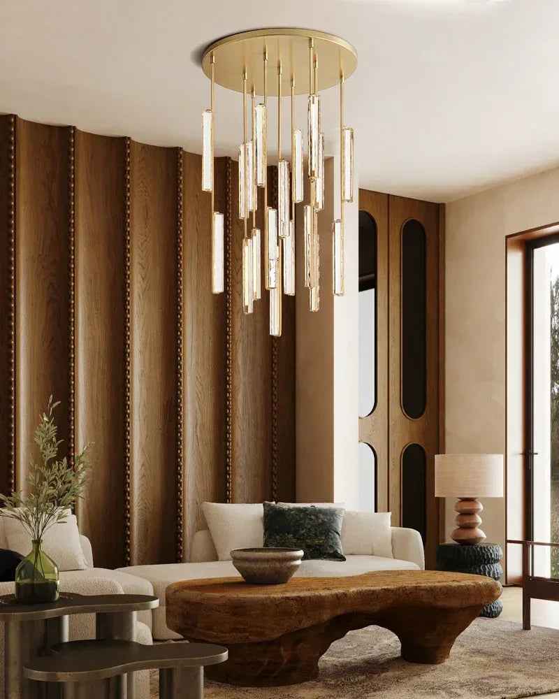 Valence Series Architectural Linear Chandelier | Vertical Prism Meticulously crafted clear prisms and vertical brass drops, Warm Brass and Black finish for Dining Rooms and Kitchen Islands American chandelier