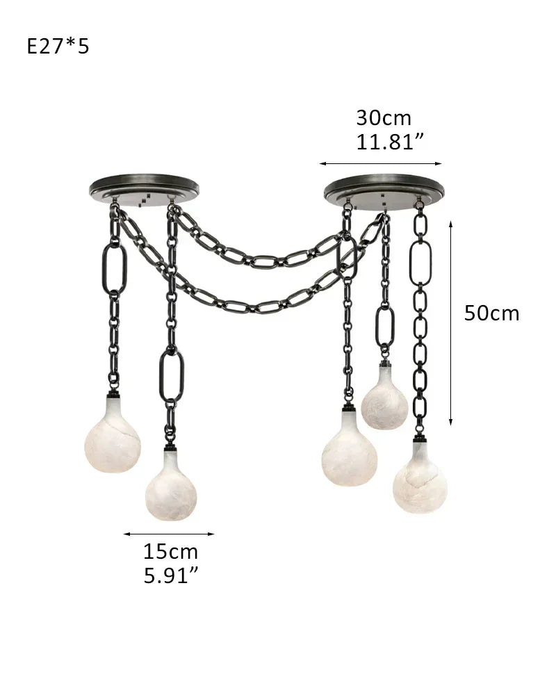 Cluster White Alabaster Globe Pendant Light with adjustable chain | 6" Living room Statement 5-light-D15cm D5.91" Black Chain + White American chandelier