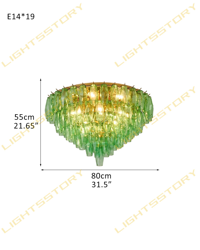 Murano Emerald Green Cascading Prism Ceiling Light - Flush Mount, Lux Gold Trim - Bedrooms & Living Rooms