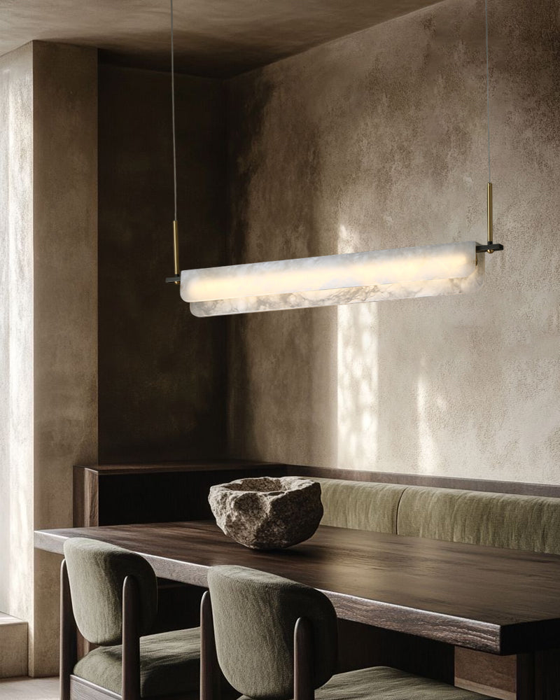 Organic Alabaster Linear Pendant Lightiing with Black Metal Frame for Kitchen Island