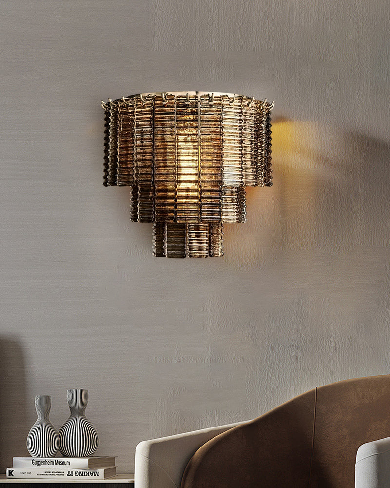 3-tier Clear & Smoke Ridged Glass Sirene Collection LED Wall Light Fixtures Wide 17"
