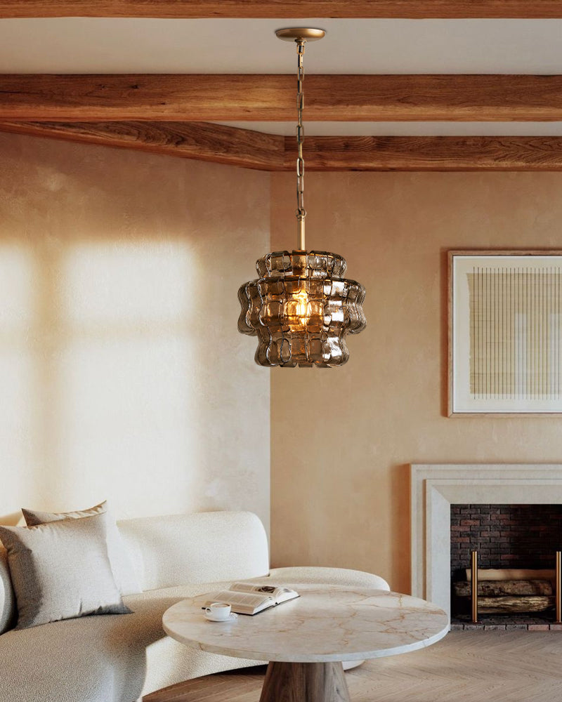 Ghiaccio Glass Round Chandelier Wide 12" in Brass/Bronze Aluminum Chain