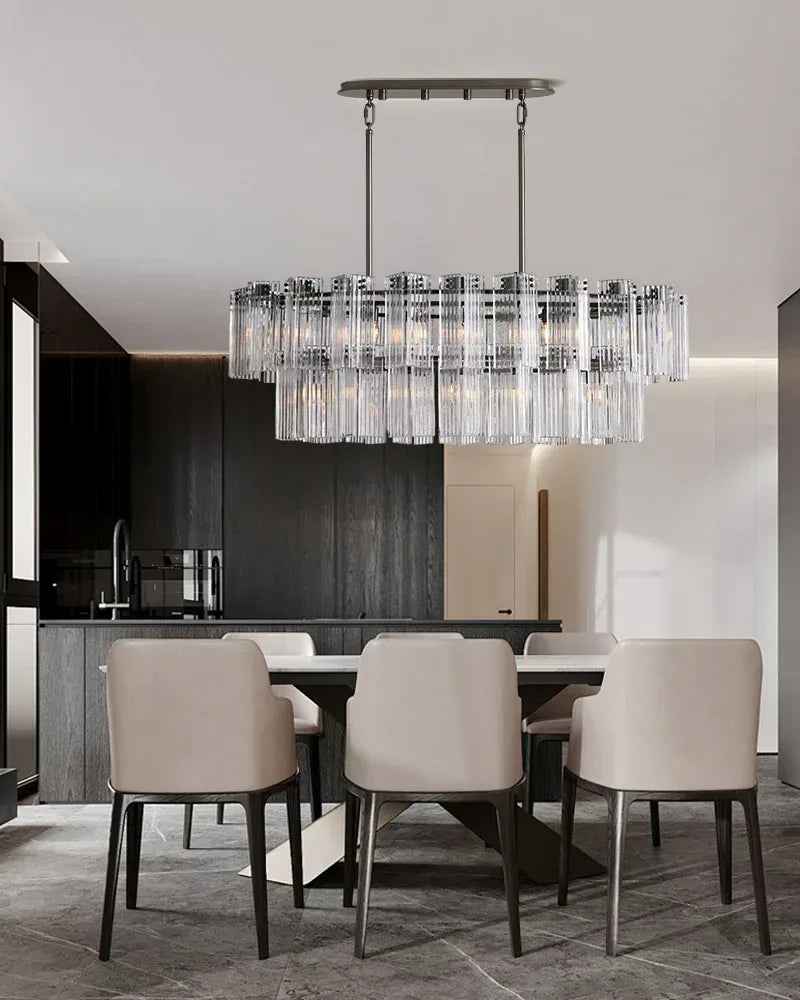 Saint-Cirq Series Refractive Chandelier | Rectangular Tier Reeded Clear and Smoke Glass Panels with Steel, Brushed Black or Brass for Dining Rooms and Entryways American chandelier