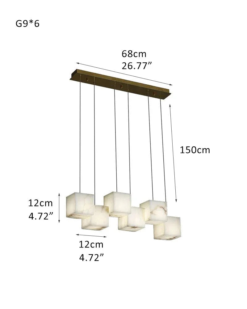 Square Alabaster Shade LED Cluster Linear Pendant Lamps 12 lights over American dining table 6-light-D12*H12cm D4.72*H4.72" White + Brass Modern Pendant lamp