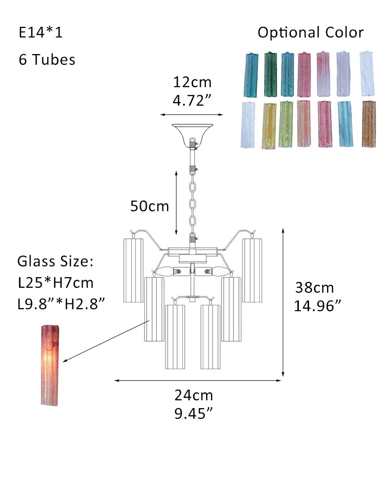Italian Tronchi Luxury Large Multi-Tier Murano Pink Glass Tube Chandeliers P-D24*H38CM 10"*H15"(6 tubes) Pink + White & Silver American chandelier
