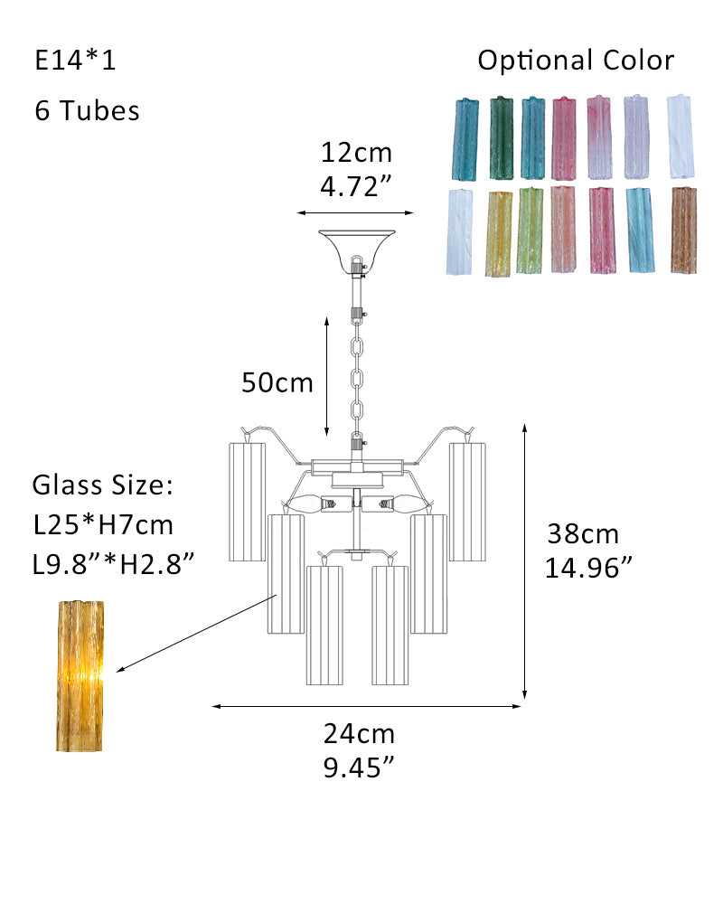 Fantastic Murano Amber Glass Tube Chandelier in Chrome & Golden Frame