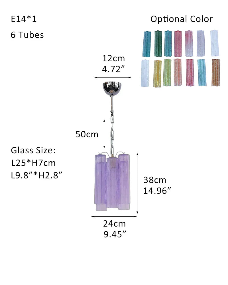 Modern Colored Murano Purple Glass Tube Tronchi Chandelier P-D24*H38CM D9.5"*H15"(6 tubes) Purple Glass + Silver Frame American chandelier