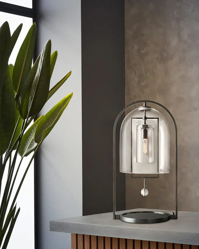 Brass Iron Frame Blown Glass Dome Shade Fulcrum Round Table Lamp 18" Vintage Simple Table Lamp