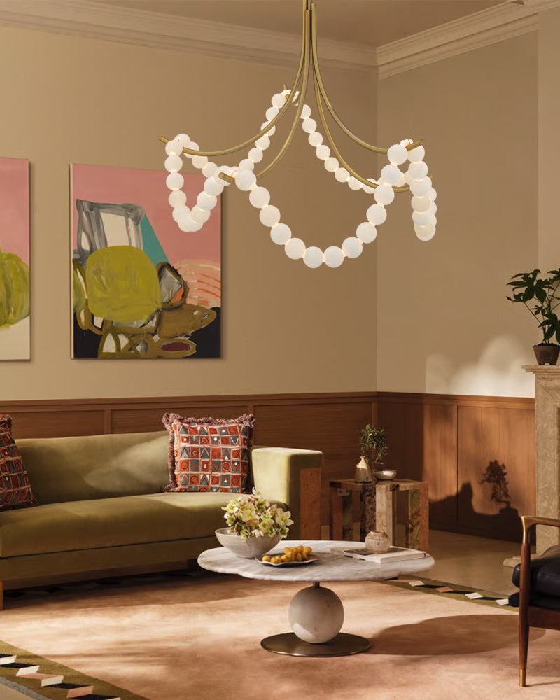 Cluster String Alabaster Beads Semi Flush Chandelier in Brass & Black Metal Rod