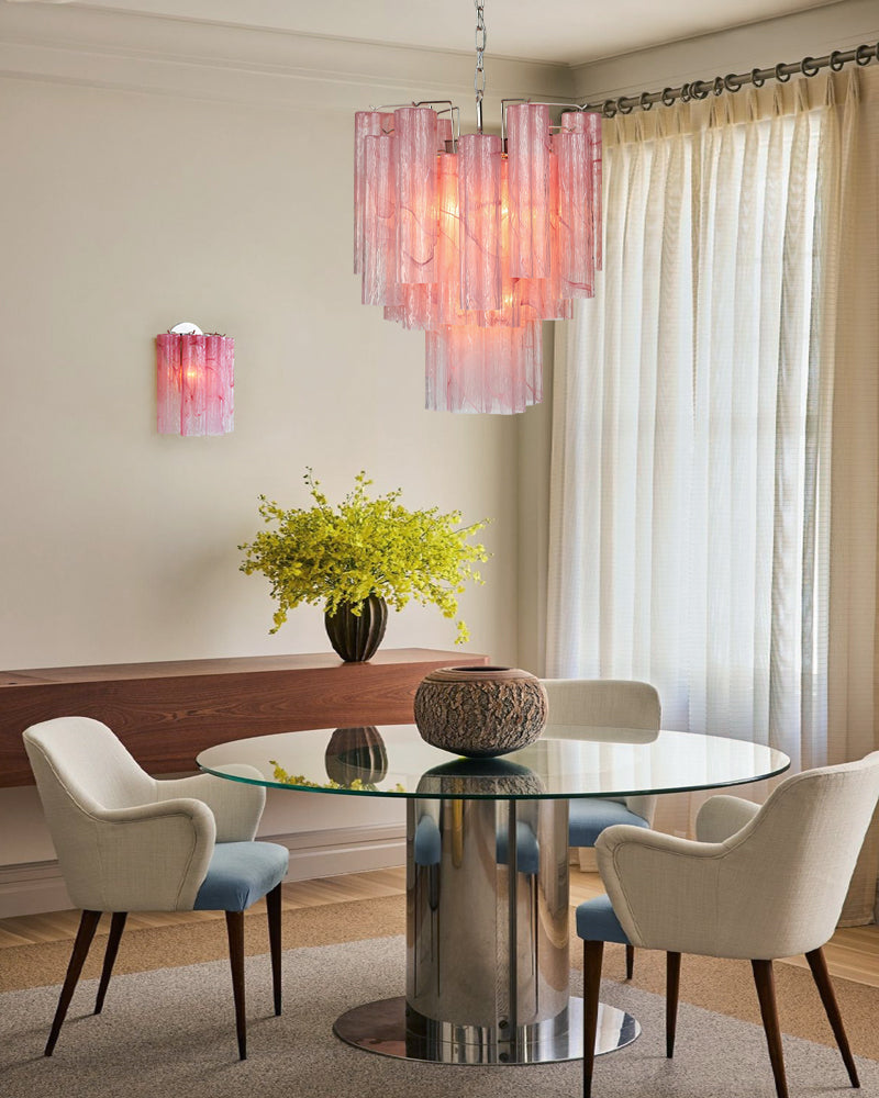 Italian Tronchi Luxury Large Multi-Tier Murano Pink Glass Tube Chandeliers