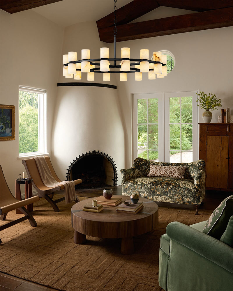 Alabaster Dual Candle Halo Ring Candelabra Chandelier- Natural Spanish Alabaster, Heritage Brass Trim - Living Rooms, Dining Rooms, Lobby, Stairwells