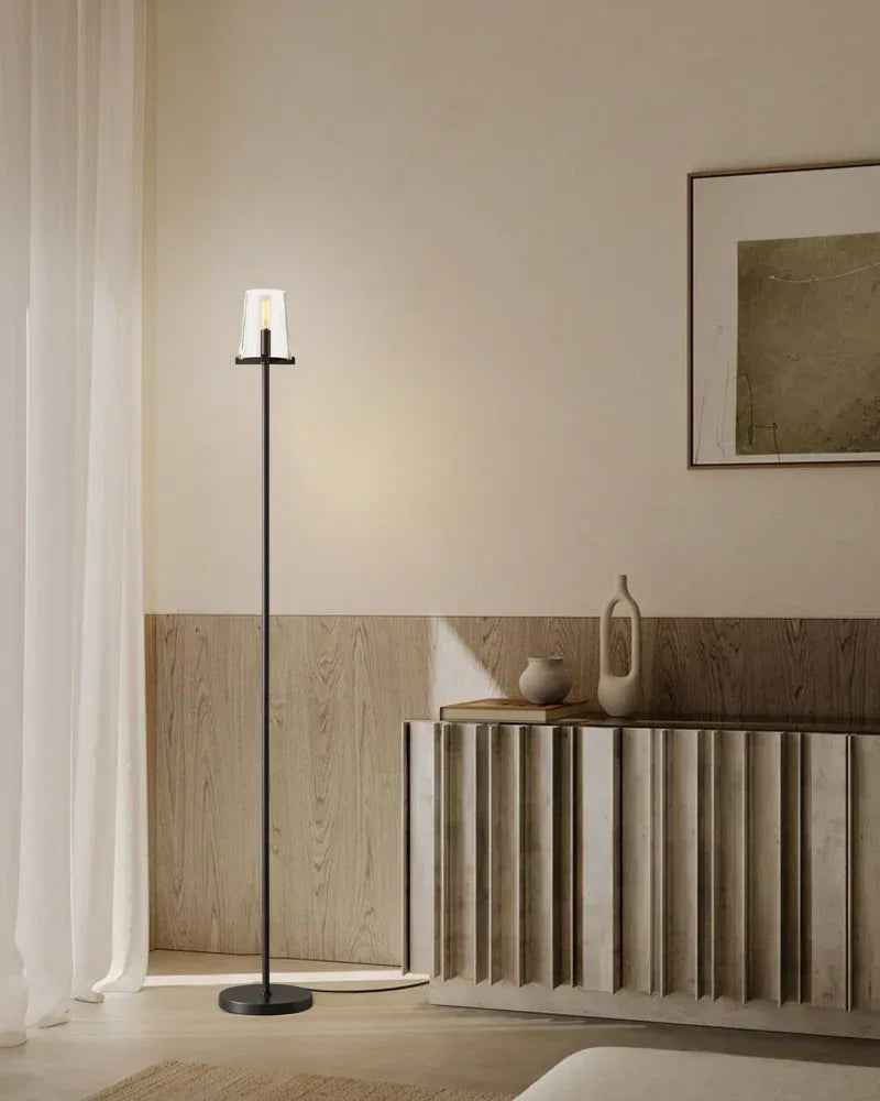Lacquered Brass/Black Pauillac Round Clear Glass High Standing Floor Lamp 59" High American chandelier
