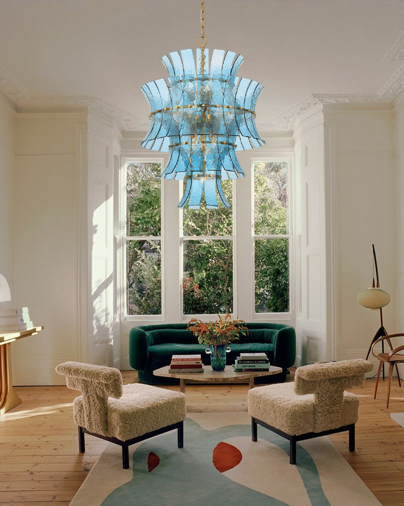 Ghiaccio Glass Azure Blue Cascade Multi Tiered Waterfall Chandelier - Heritage Brass Trim - Living Room & Dining Room