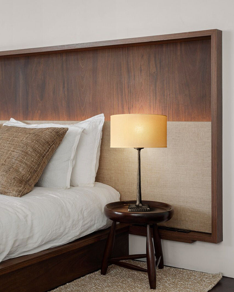 Classic Hammered Sculptural Trunk Drum Table Lamp - Matte Hammered Brass Stem & Fabric Drum - Bedroom & Living Rooms