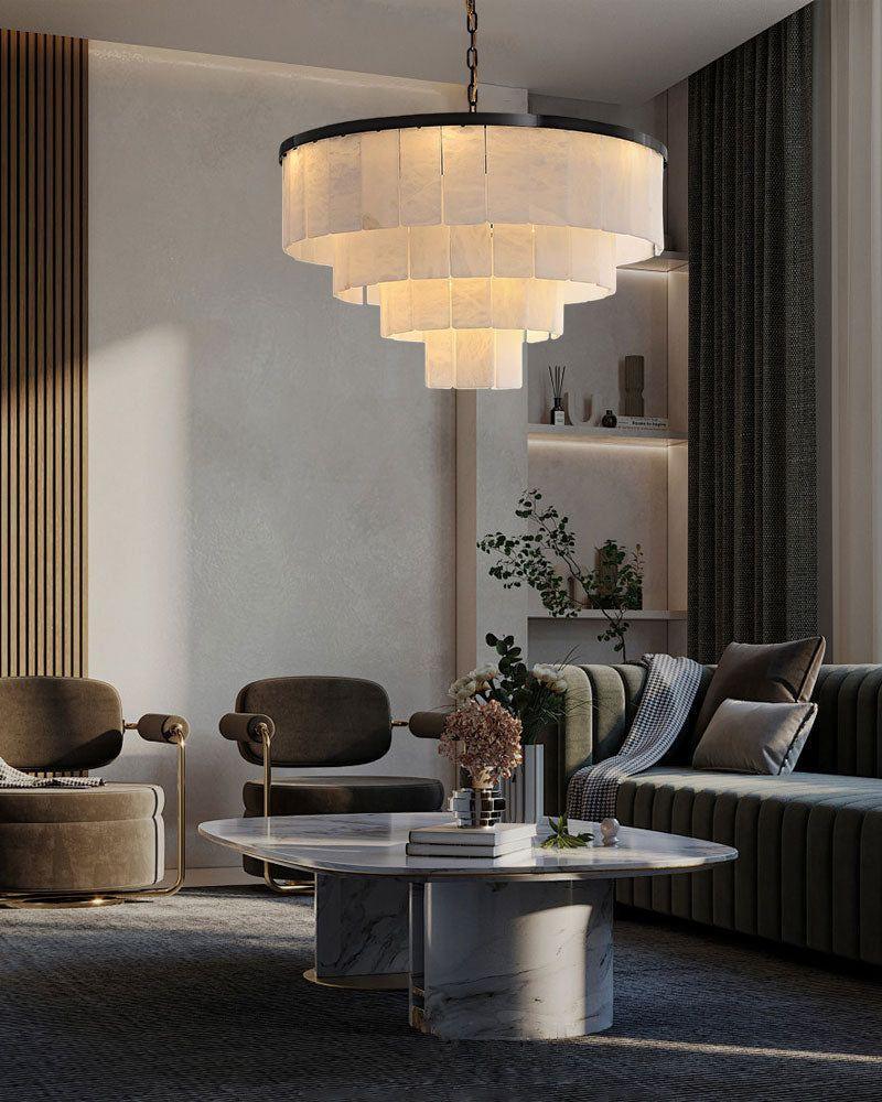 Warm White Modern Round Multi-Tier Alabaster Foyer Chandeliers in Black Frame American Vintage chandelier lamp