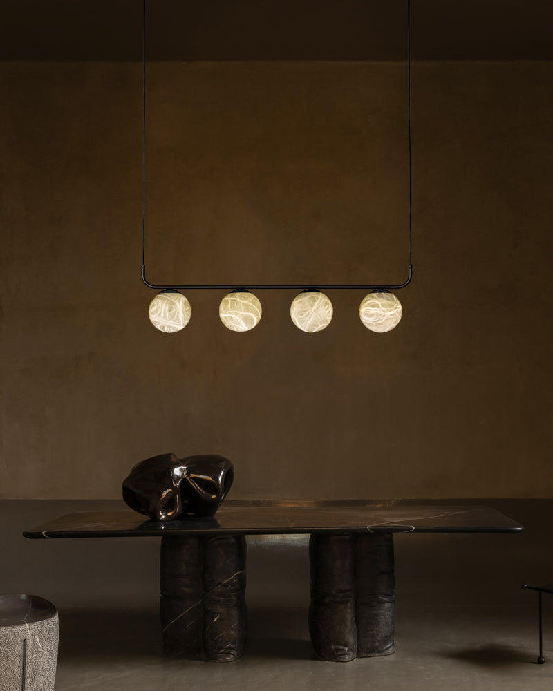 Stunning Double Alabaster Globes Pendant Suspension Light Lacquered Burnished Brass/Bronze