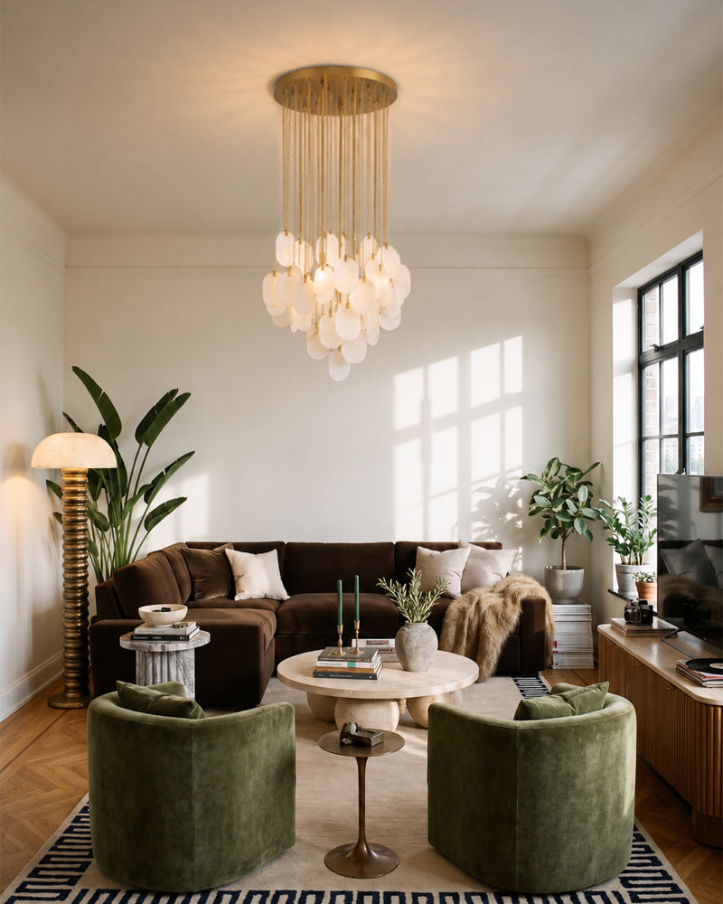 Fenwich Alabaster Gold Tag Cluster Pendant Light - Natural Spanish Alabaster Panels, Lux Gold Trim - Dining Rooms & Living Rooms