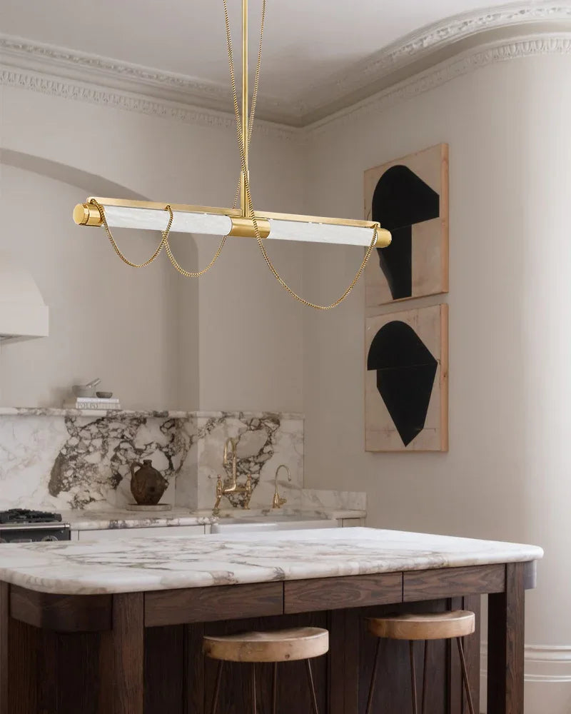 LED Tubular Alabaster Shades Ceiling Pendant Lamp 49" with long chains | Brass Vintage Simple Pendant Lamp