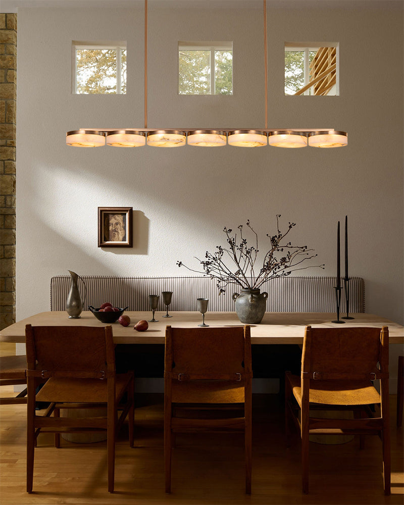 Alabaster Multi Disc Cluster Linear Pendant Light - Natural Spanish Alabaster, Lux Gold Trim - Kitchen Islands & Dining Rooms