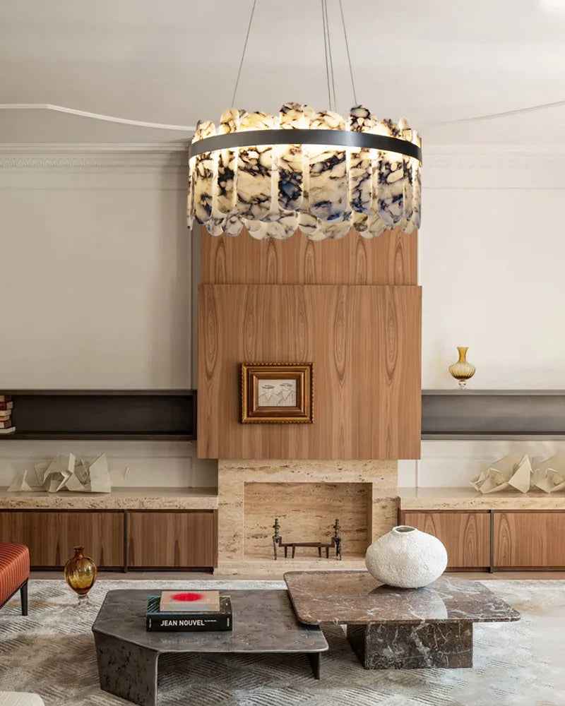 LightsStory Series Geometric Chandelier | Circular Frame Natural Spanish alabaster tiles with stainless steel frame, Brushed Gold, Silver, and Black for Living, dining, and bedroom spaces Luxury Modern Chandelier