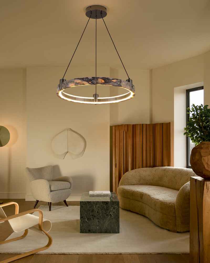 LightsStory Series Geometric Chandelier | Single Ring Premium natural marble, Aged Brass and Black frame for Bedrooms, living areas, and kitchen islands American chandelier