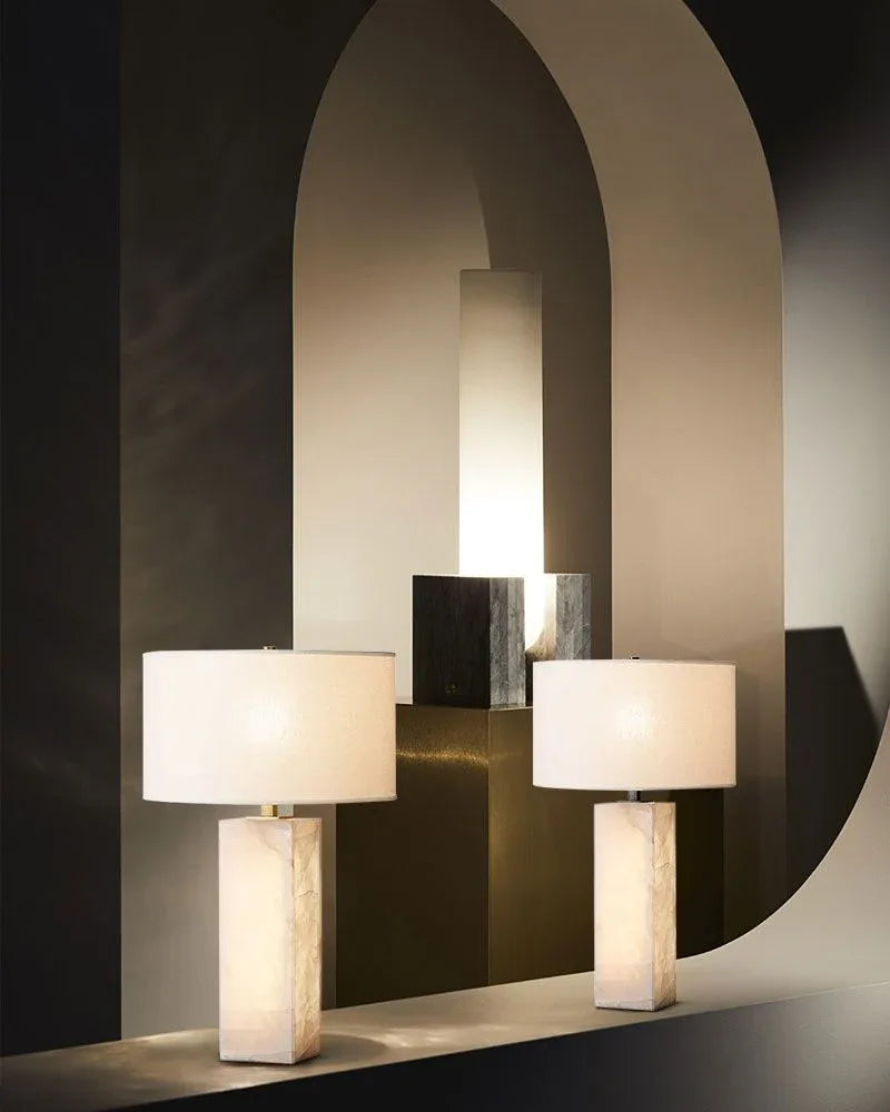 American Vintage E27 Alabaster Marble Table Lamp with fabric Linen lampshade Vintage Simple Table Lamp