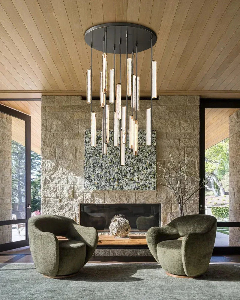 Valence Series Architectural Linear Chandelier | Vertical Prism Meticulously crafted clear prisms and vertical brass drops, Warm Brass and Black finish for Dining Rooms and Kitchen Islands American chandelier