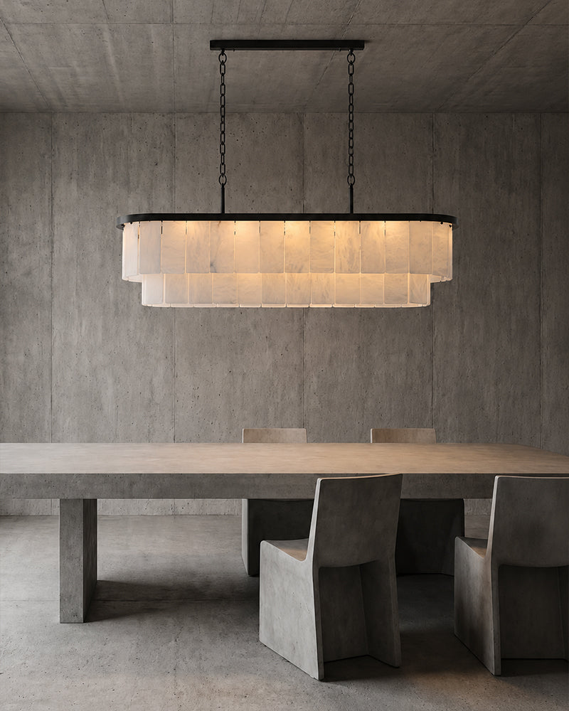 Stowe Alabaster Panel Tapered Canopy Linear Chandelier - Natural Spanish Alabaster, Serene Black Trim - Kitchen Islands & Dining Rooms