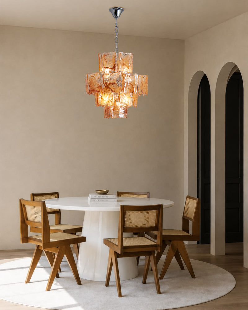 Murano Glass Amber Glow Circular Prism Multi Tiered Waterfall Chandelier - Handblown Glass, Brass Trim - Living Rooms, Dining Rooms & Bedrooms