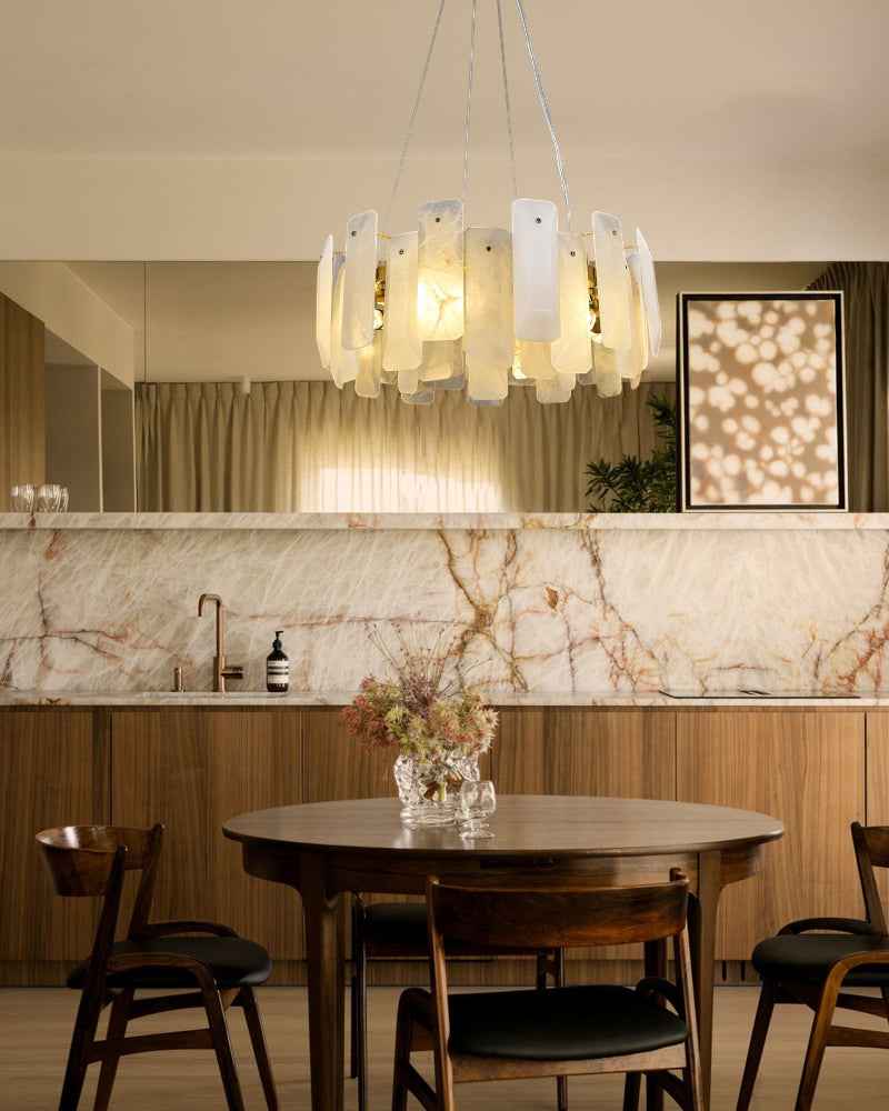 LightsStory Series Geometric Chandelier | Circular Smooth Natural Alabaster, Brass and Black frame with copper accents for Living Rooms and Dining Spaces Luxury Modern Chandelier