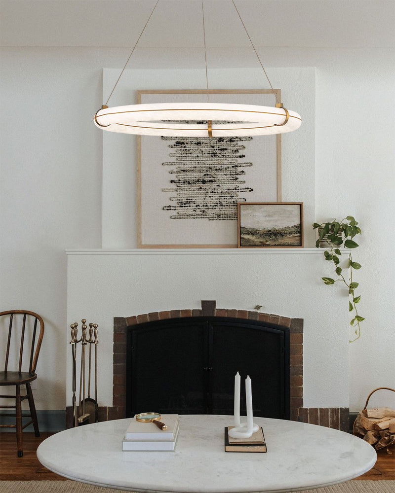 Cora Alabaster Circular Halo Ring Chandelier - Natural Spanish Alabaster, Lux Gold Trim - Dining Rooms & Kitchens
