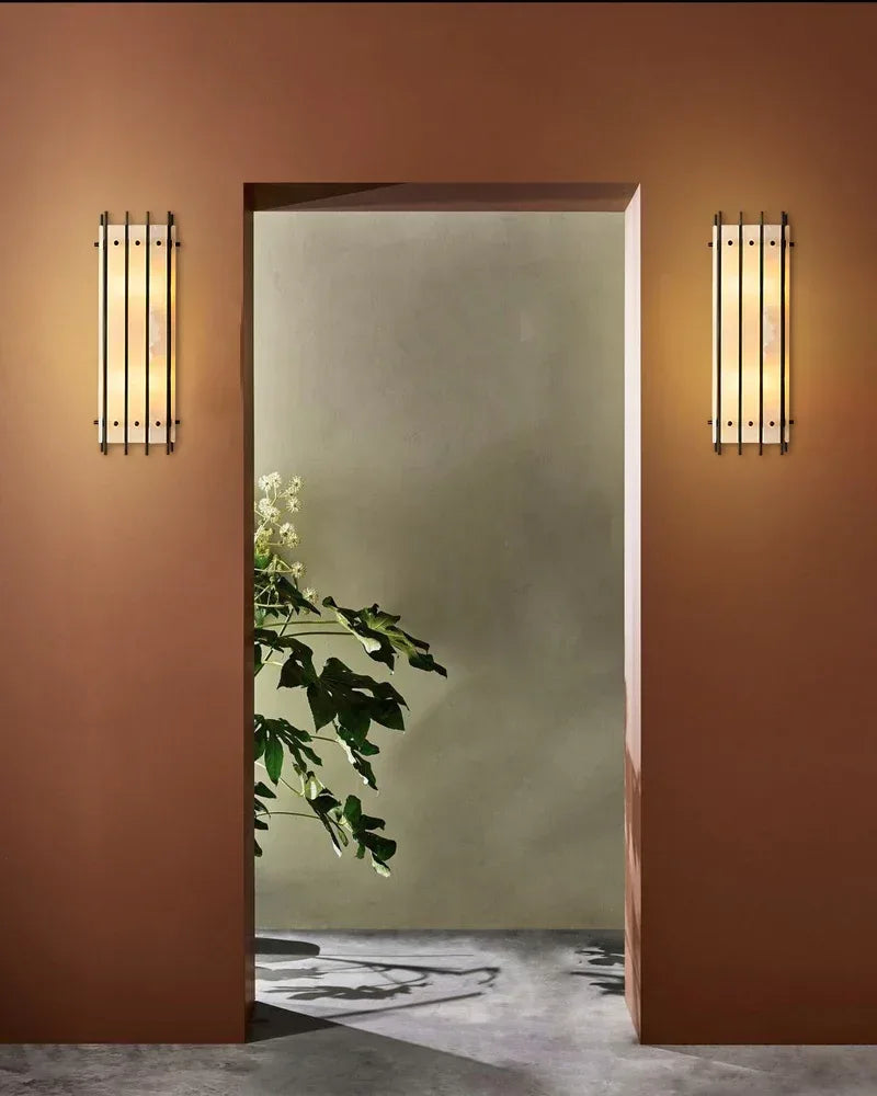 Val d’Isère Series Architectural Wall Sconce | Tiered Alabaster Handcrafted Alabaster panels and mid-century steel, Premium Steel finish for Hallways and Living Spaces Flush Mounted Wall Sconce Lamp