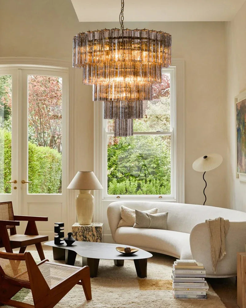 Luxury Tiered Smoked Glass Tube Murano Chandelier in Chrome Frame American chandelier