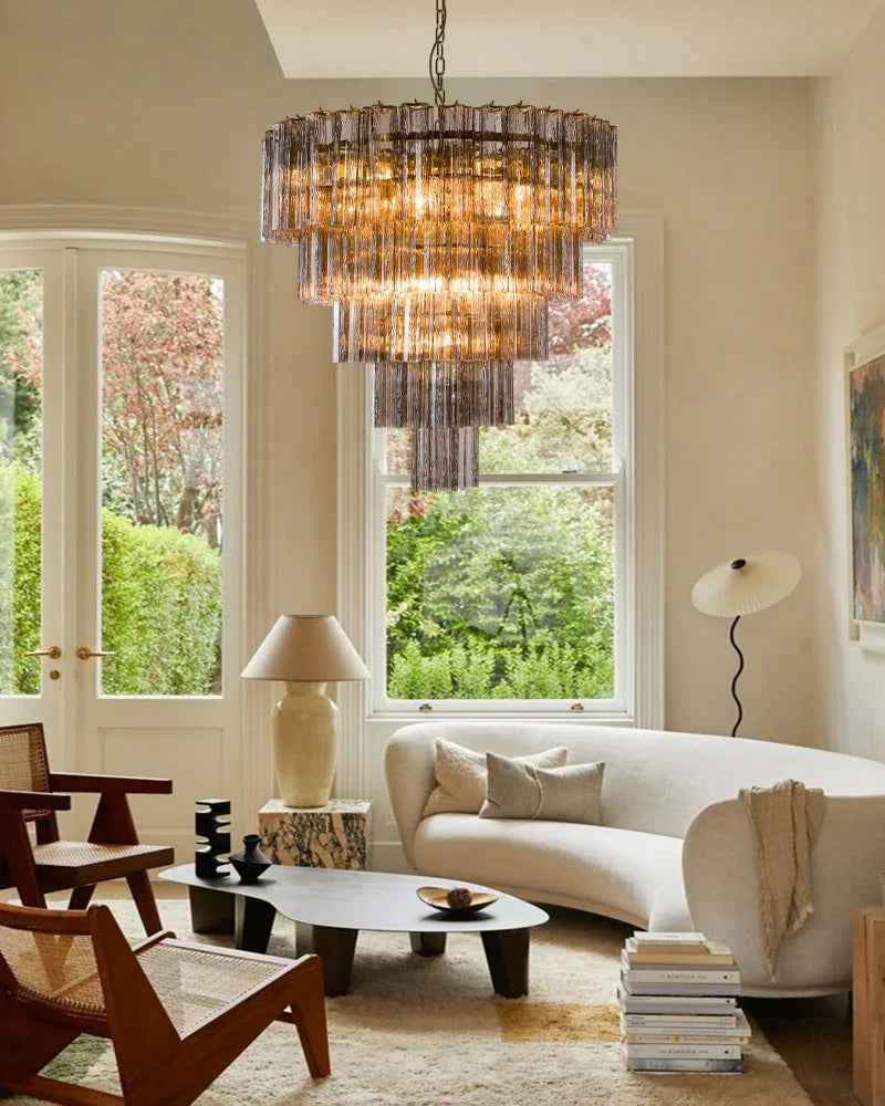 Cortina Series Cascading Chandelier | Multi-tiered Fluted Glass Handcrafted fluted smoked Murano-inspired glass, Satin brass structure for Grand entrances and dining rooms American chandelier