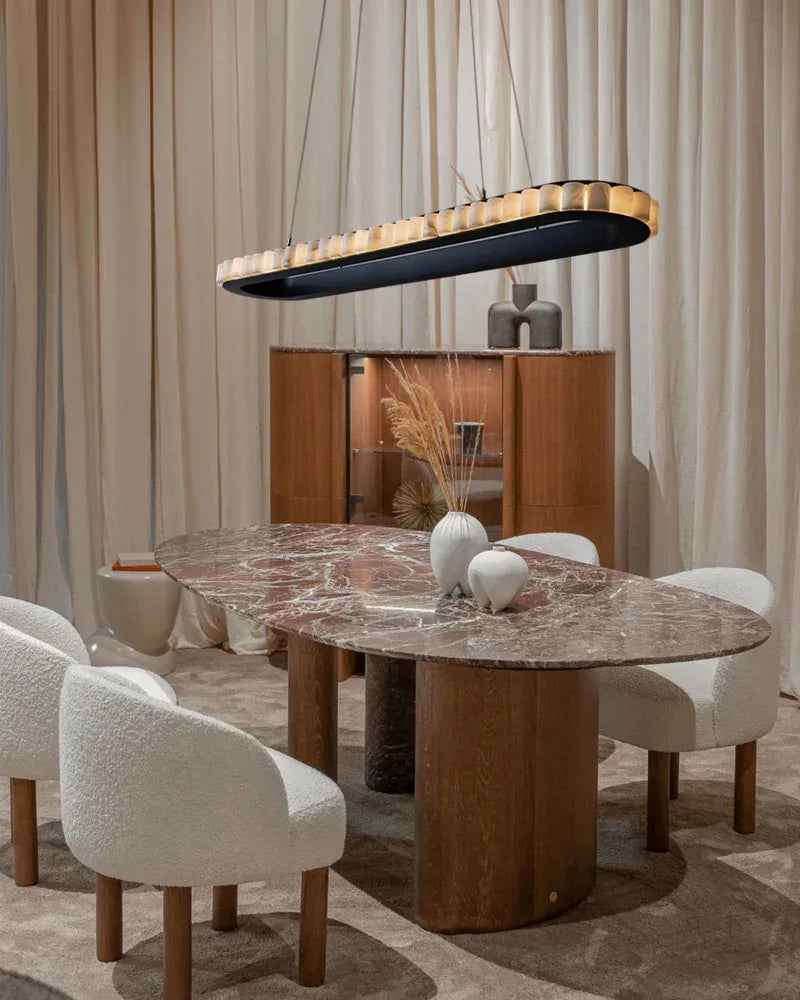 LightsStory Series Geometric Chandelier | Oval Ring Hand-finished natural alabaster columns and sustainable marble detailing, Matte black and glossy golden accents for Kitchen Islands and luxury dining areas American chandelier