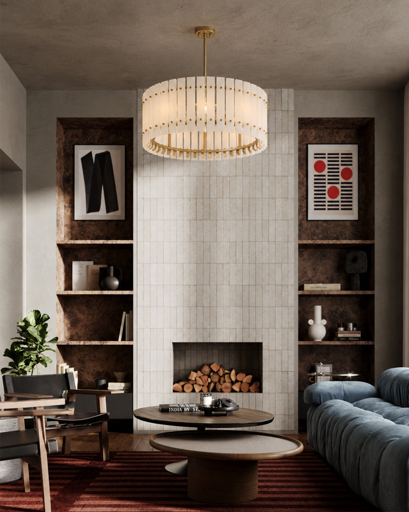 Burton Alabaster Gold Studded Panel Drum Pendant Light - Natural Spanish Alabaster Panels, Lux Gold Trim - Living Rooms & Dining Rooms