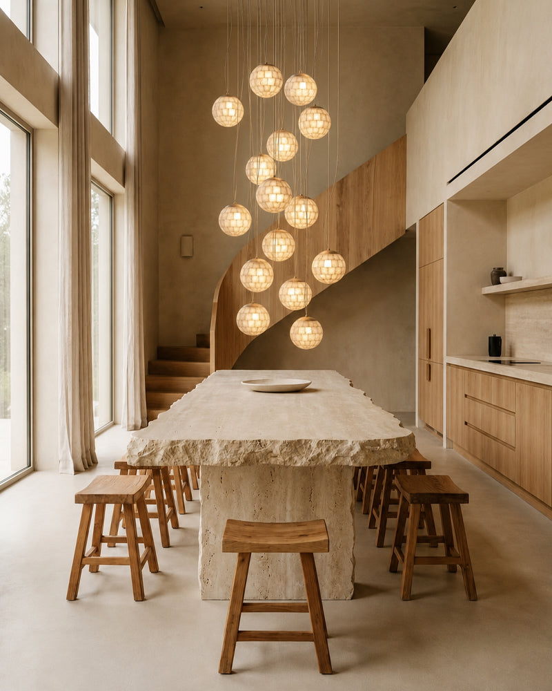 Alabaster Cascading Shell Globe Multi Ball Pendant Light - Natural Spanish Alabaster Spheres, Lux Gold Trim - Kitchens, Dining & Living Rooms