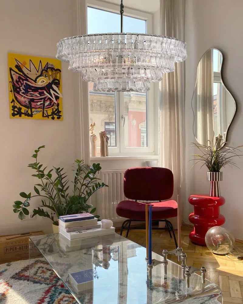 LightsStory Series Ethereal Chandelier | Multi-Tiered Oval Curved Textured Glass with Brass and Black Aluminum, Plated Brass and Black Aluminum for Dining Rooms and Grand Foyers American chandelier