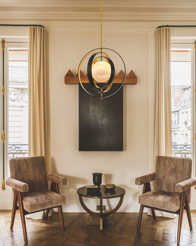 White Alabaster Round Ceiling Pendant Lamp - Gold & Bronze Rotatable Ring