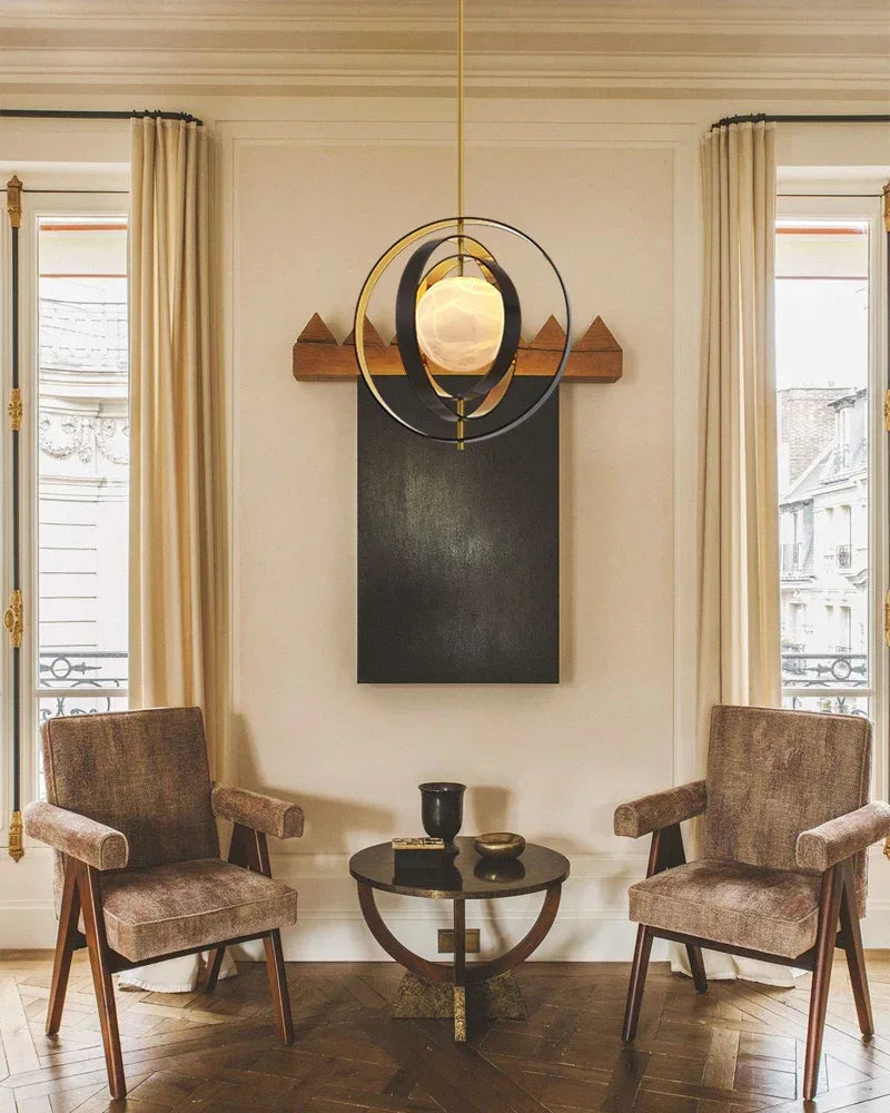 Modern Alabaster Round Chandelier Pearl - Gold & Bronze Rotatable Ring Highlight Finish Modern Pendant lamp